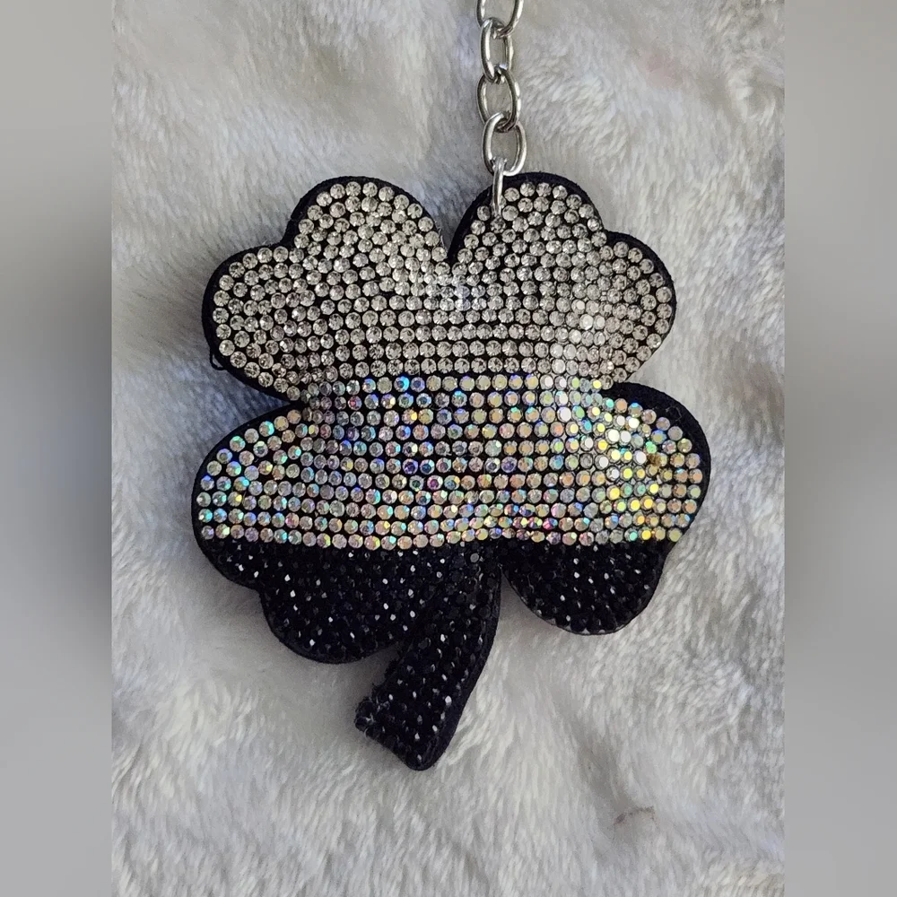 Black and Silver Rhinestone Clover Keychain Bag Charm